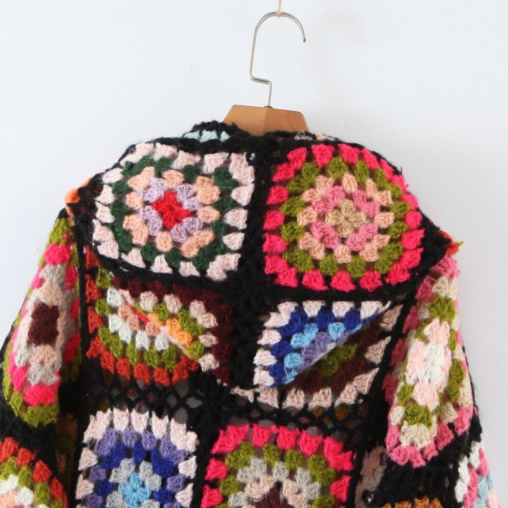 Bohemia Colored Plaid Flower Granny Square Hand Crochet Hooded Sweater Long Card - Picture 3 of 7